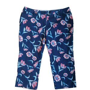 Lands End Womens 20W Mid Rise Straight Leg Floral Capri Pants Blue & Pink Cotton